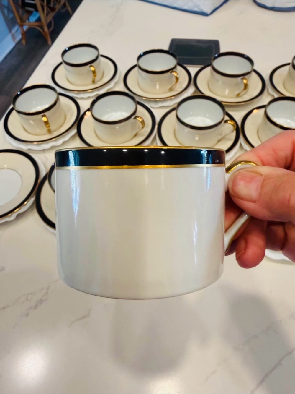 FITZ AND FLOYD Montmarte. 12  Porcelain cups and saucers, Black/Cream/Gold.